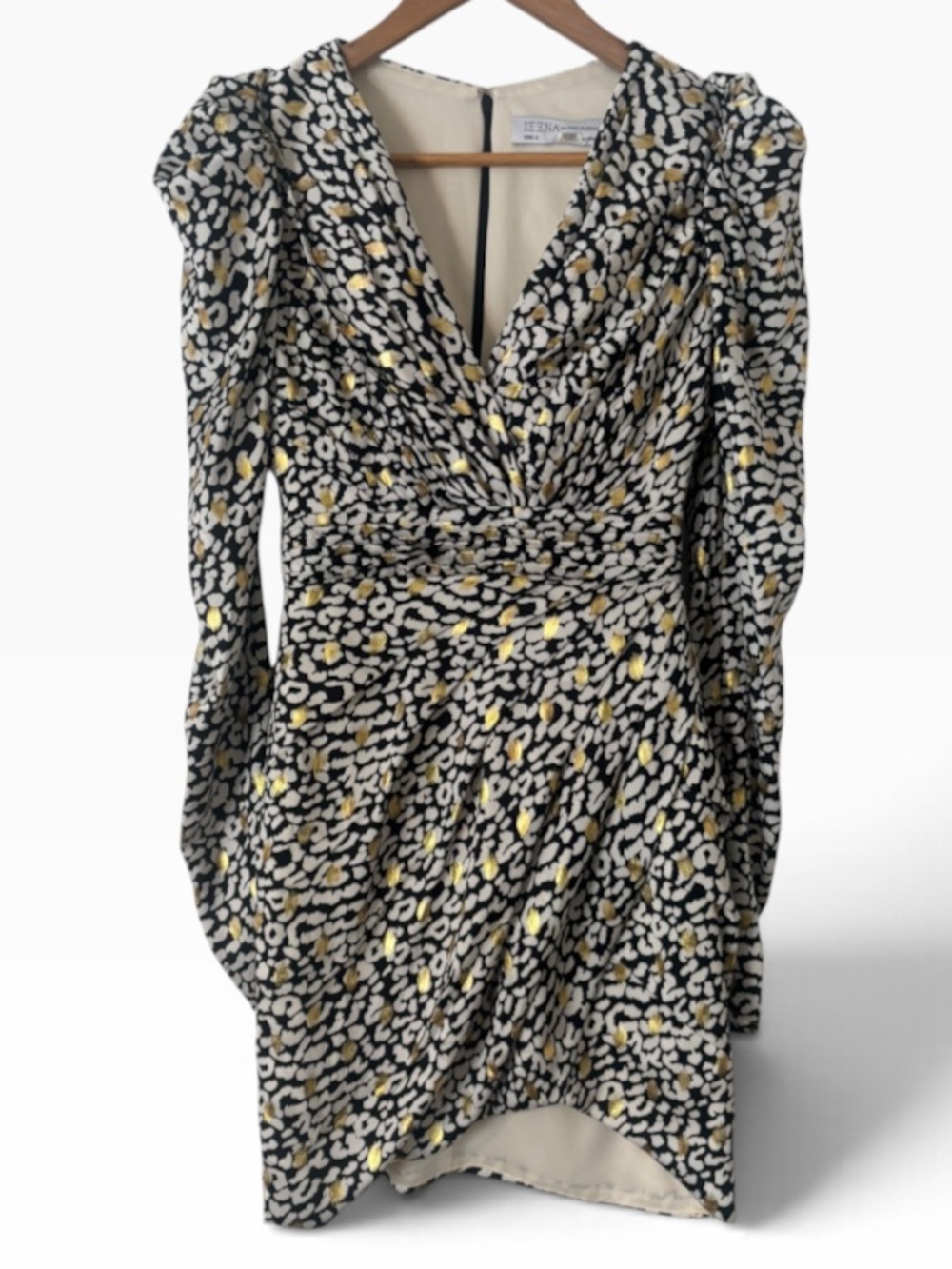 Ieena for Mac Duggal Long Sleeve Metallic Cheetah Mini Dress - Size 0 - Picture 2 of 4